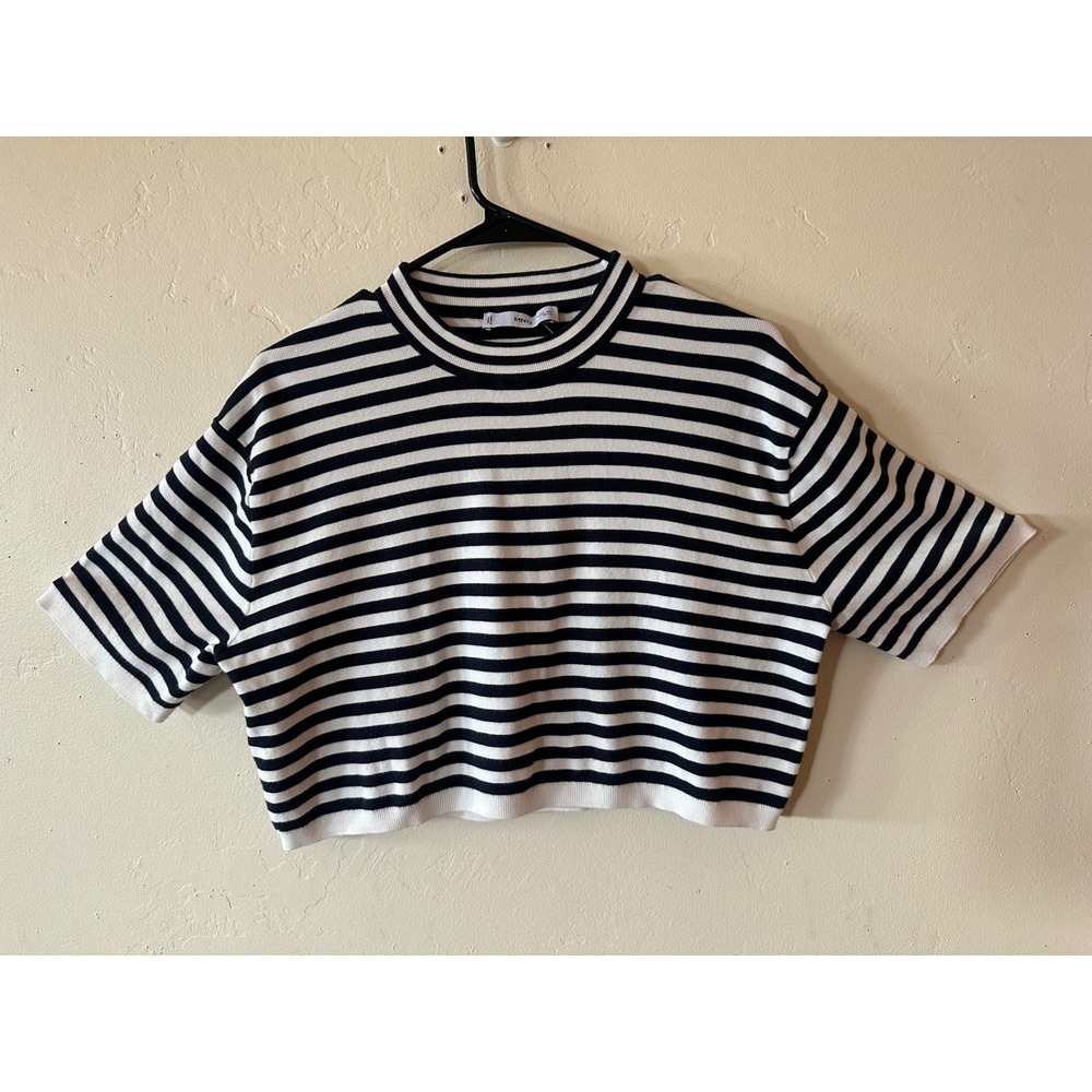Mango MNG Striped Knit Crop Top Black White Short Sleeve Mock Neck Sweater L